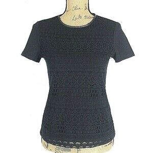 Talbots Top SP Black Embroider Eyelet Front Faux Leather Trim Ponte Small Petite